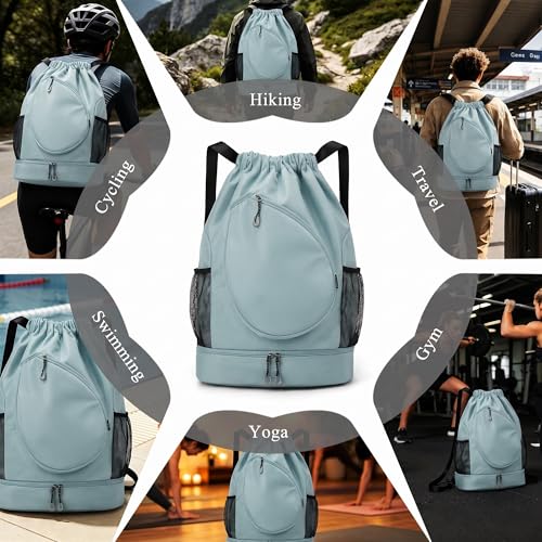 Sports Drawstring Backpack, Badminton Gym Bag Holds 2 Rackets with Shoe Compartment, Off-work, Everyday & Overnight Weekend - color: Light Blue