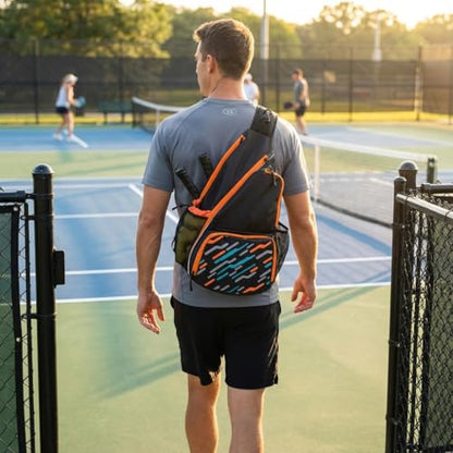 Pickleball Sling Bag with Shoe Compartment for Men Women, Professional 2-3 Paddle Backpack, Large Capacity Bag with 36oz Water Bottle Pocket & Fence Hook - color: Black/Amber