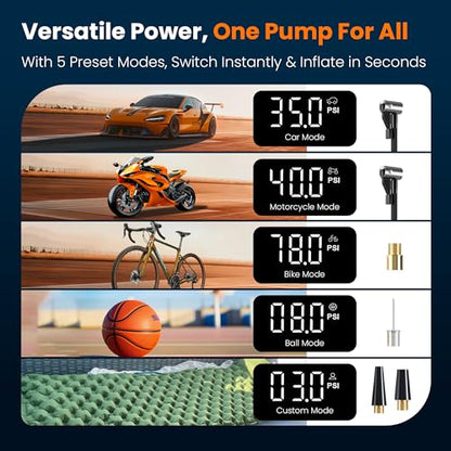L9 Pro Tire Inflator Portable Air Compressor, 150PSI Cordless Bike Pump, Electric Air Pump with Digital Pressure Gauge, LED Light, Auto Shut-Off, for Motorcycle, Bicycle, Car, Ball
