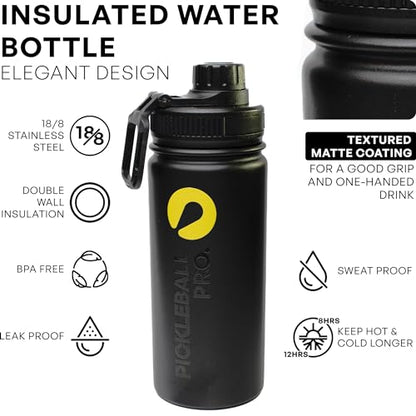 WES Pickleball Water Bottle + Pickleball Ball Holder + 3 Outdoor Pickleball Balls | Insulated Pickleball Water Bottle with Sport Spout Lid - color: Black