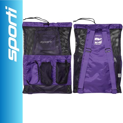 Sporti Swimming Equipment Bag Zipper Pocket, Mesh Drawstring Backpack, Drawstring Bags, Big Mesh Backpack for Workout Gear - color: Equipment - Purple, style: 4. Two Shoulders & Pockets