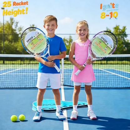 2-Pack Kids Tennis Racket Set, 16 21 23 25 Inch Junior Racquets for Boys Girls, Lightweight Aluminum Starter Kit with Shoulder Bag and 2 Balls - color: 25 inch-2pcs New(Purple+Blue)
