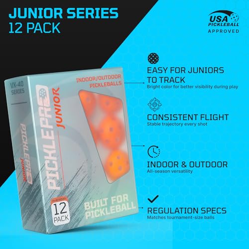PicklePro Junior Outdoor & Indoor Pickleball Balls for Beginners – Lightweight LDPE 40-Hole Design for Stable Flight, Durable Construction for Training and Youth Play, USAPA Compliant