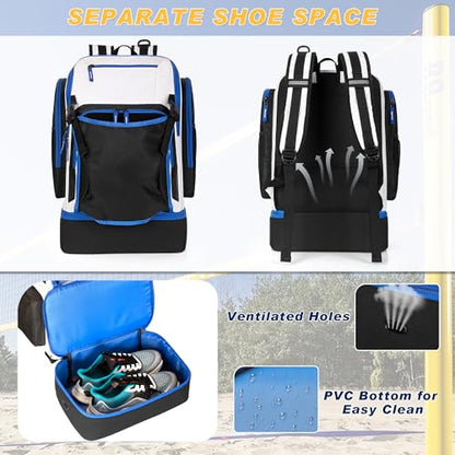 Volleyball Bag with External Ball Holder, Volleyball Backpack with Separate Shoe Space, Multiple Pockets and Adjustable Shoulder Strap for Soccer, Basketball and Gym Exercise - color: White/Blue