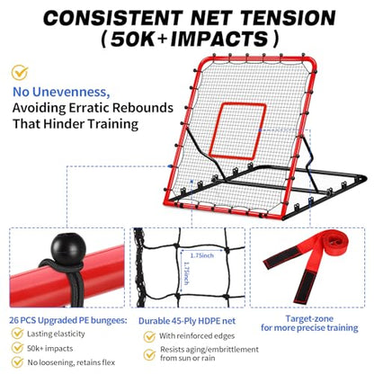 5-Angle Baseball Rebounder Net Bounce Back Net Solo Fielding Trainer 48x52 Inch, Multi-Sport Pitch Back for Ground, Line Drive, Fly Ball with Stable Frame, 45-PLY Net, Carry Bag - color: Red