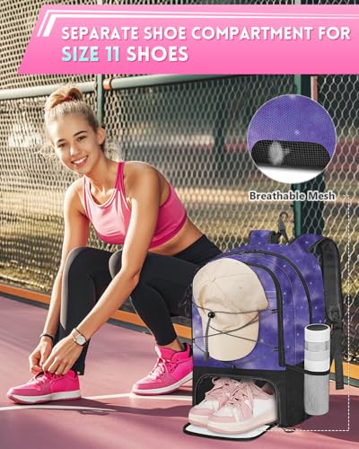 MATEIN Girls Soccer Backpack, Large Basketball Bag with Ball Holder & Shoe Compartment for Tournament & Game Day, Lightweight Youth Sports Bag with Fence Hook Fits 15.6 Inch Laptop, Soccer Team Gifts - color: Galaxy Purple
