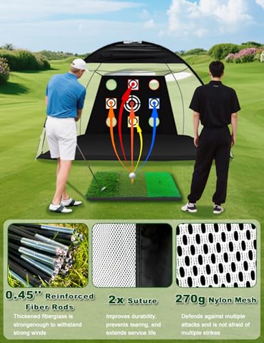 Golf Practice Net and Mat, 10x7FT Golf Net with Tri-Turf Mat & 10 Balls, Hitting Aid Nets for Backyard Driving Chipping Training Swing with Target Mat Balls for Outdoor Indoor, Gifts for Men/Dad/Him