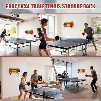 Ping Pong Paddle Holder, Wood Table Tennis Racket Display Wall Mounted Holder for 6 Paddles and 12 Balls Storage, Ping Pong Accessories Organizer for Game Room, Home