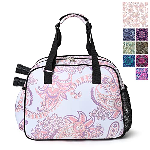 Boulder Bee Pickleball Bags, Premium Pickleball Tote Bag for Girls, Women’s Hand/Shoulder Gym Bag w Water Bottle Holder, with Pickleball Racquet/Paddle Holder - color: Pink cashew flower