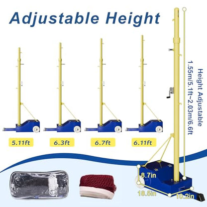 Portable Volleyball Poles,with Volleyball Net/Badminton Net,Outdoor & Indoor Heavy Duty Volleyball Poles Sets,Adjustable Height 5.09ft-6.8ft with Wheels,for Adults Kids Backyard