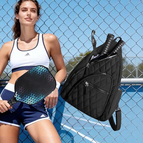Pickleball Sling Bag for Women and Men, Pickle Ball Paddle Backpack with Fence Hook for Racquetball, Badminton Rackets, Black