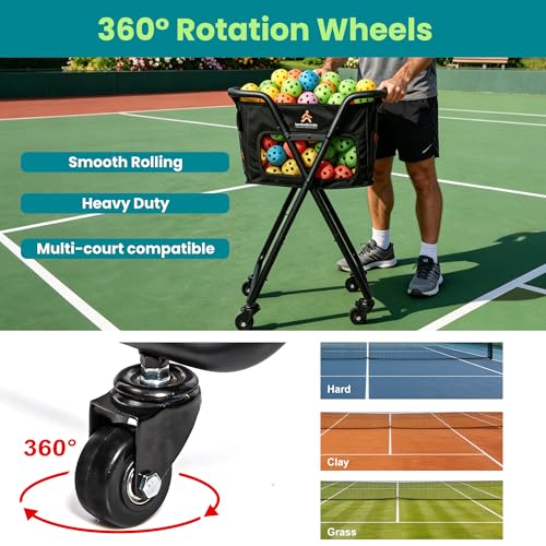Tennis & Pickleball Cart - 140 Ball Capacity Hopper with Quick-Detach Bag, 4 Smooth Swivel Wheels & Foldable Frame for Easy Court Transport and Compact Storage