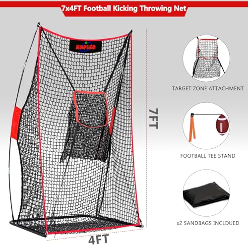 Kapler Football Kicking Net for Field Goals - 4x7FT Portable Football Net for Throwing with Target Zone Attachment and Holder Tee - Sideline Practice for Backyard Skill Improvement