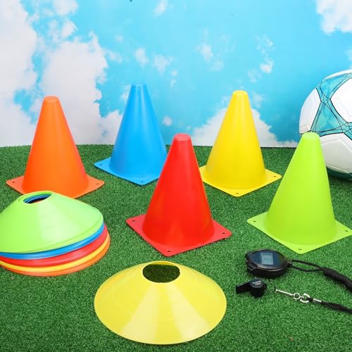 Hiboom 50 Pack Cones Sports Training Set, 30 Pcs 7 Inch Soccer Cones and 20 Pcs Disc Cones for Soccer Basketball Drills