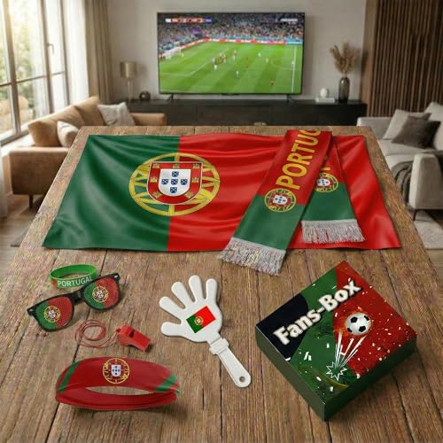Soccer Fan Gear Set 2026-7 Piece Game Day Kit with Flag, Scarf, Glasses, Whistle, Clapper, Wristband & Headband in Gift Box - Watch Party & Stadium Essentials for Portugal - color: Portugal