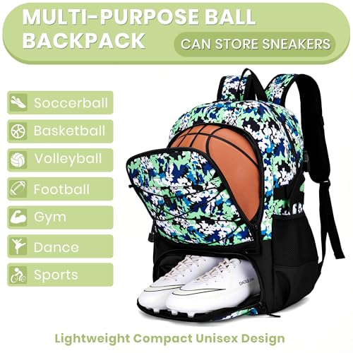 Hsmihair Basketball Backpack Large Sports Bag for Men&Youth,Gym Bag with Separate Ball & Shoes Compartment,Travel Bag for Basketball,Soccer,Volleyball - color: Green Camo