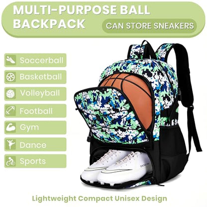 Hsmihair Basketball Backpack Large Sports Bag for Men&Youth,Gym Bag with Separate Ball & Shoes Compartment,Travel Bag for Basketball,Soccer,Volleyball - color: Green Camo