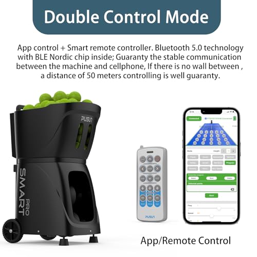 PT-Smart Pro Tennis Ball Machine, Internal Oscillation Ball Launcher with App for Apple Watch Control, 110+ Ball Capacity, 20 Landing Points, Up to 75 MPH, Portable Trainer for All Levels