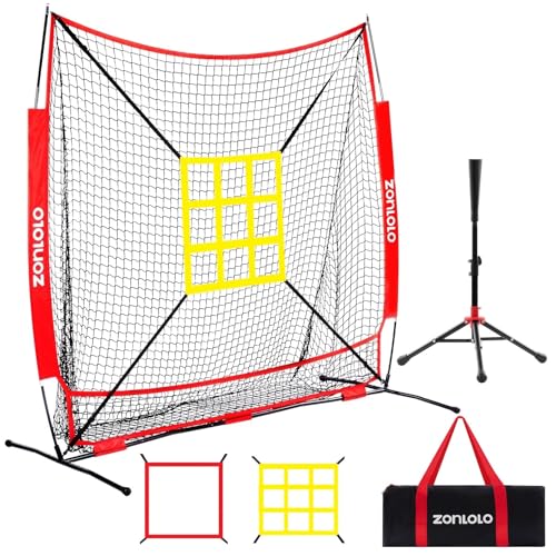 ZONLOLO 6x6ft Baseball & Softball Net for Hitting,Pitching and Batting, Throwing,Baseball net with Sturdy Bow Frame,Battting Tee,Strike Zone, Middle Size,Suitable for Kids! - color: Red