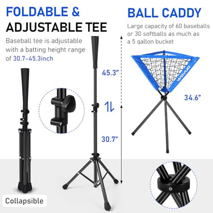 7x7 ft Baseball Net for Batting Pitching Hitting, Softball Pitching Net with Strike Zone, Tee, Ball Caddy, Softball Batting Net Baseball Training Equipment for Kids Adult Youth Sport Practice - color: Blue