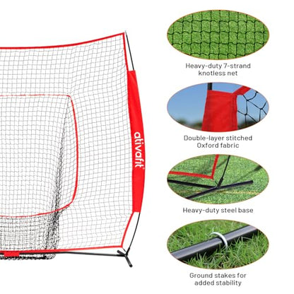 Ativafit 7x7 Baseball Practice Net - Portable Pitching & Batting Training Net with Hung Net*2 - Easy Setup Baseball Net - Includes, Practice Balls*3, Batting Tee*1, Carry Bag*1 - color: RED