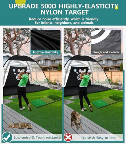 Golf Net: 10x7FT Golf Practice Net for Backyard Driving, Hitting Net with Tri-Turf Mat, Indoor Training Chipping Aid Nets with Reduce Noise Nylon Target, Gifts for Men/Dad/Him