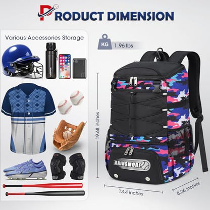 RAINSMORE Baseball Bag for Youth & Adult Lightweight Softball Bat Bag with Shoe Compartment, External Helmet Holder and Fence Hook Waterproof Baseball Backpack Hold T-Ball, Bat and Softball Equipment - color: Pink Camouflage