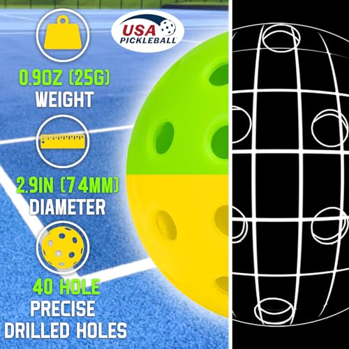 Outdoor Pickleball Balls - 40 Holes With Mesh Bag & 2 Ball Retrievers, USAPA High Bounce & Durable for All Style Paddle & Court - color: Yellow