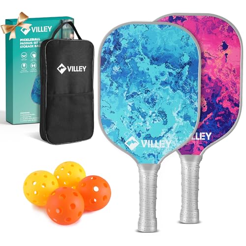 VILLEY Pickleball Paddles Set of 2, Fiberglass Surface Pickleball Set with 4 Pickleball Balls and Pickleball Bag, for Men, Women, Kids, Adults