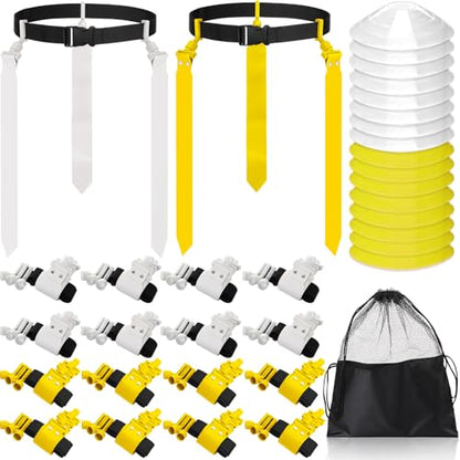 Wettarn 10/16 Player Flag Football Belts Adjustable Flag Football Set with Cones Bag for Youth Adults Kids Training Sport - color: Yellow, White