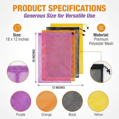 7PCS Colorful Mesh Drawstring Bag - Mesh Bag 18x12 Inch Breathable Nylon Mesh Storage Bag with Drawstring Closure Lightweight Net Organizer for Travel, Home, Gym, Daily Essentials