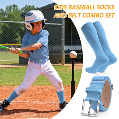 XZQTIVE Baseball Softball Socks and Baseball Softball Belt Combo Set Knee-High Soccer Socks for Kids Youth Adult - color: Baby Blue, size: Kid
