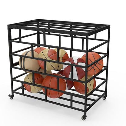 Ball Storage Cart, Lockable Rolling Basketball Storage Bin & Organizer with Wheels, Secure Sports Exercise Ball Cart Holder for Gym, School, Club, Indoor Outdoor Use