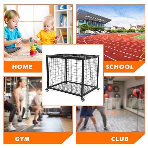 rehomerance Ball Cart Garage Sports Equipment Basketball Organizer with Lockable Lid, Basketball Storage Bin for Indoor Outdoor, Rolling Exercise Ball Holder for Gym, School, Club