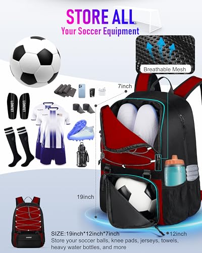 LOINTET Youth Soccer Bag, Soccer Backpack with Ball Compartment, Sports Equipment Training Bags Fits Basketball Football Volleyball and Accessories, Black - color: Red