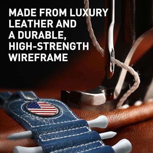 VEASAERS Golf Tee Holder with USA Ball Marker 4 Pcs White Wood Tees, Portable Hold Different Tee Leather Gift Hook Hanging Clip to Golf Bag Belt - color: Blue