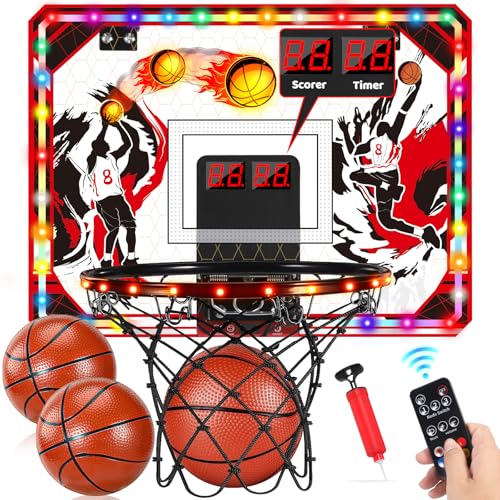 Indoor Basketball Hoop for Kids & Adults, Over The Door Mini Basketball Hoop with Remote Control Scoreboard, 6 LED Light Modes, Foldable Rim Sports Toys for Ages 8-13 Teen Boys Birthday Gifts