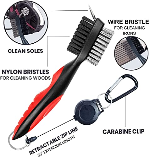 Golf Towel Pack - 3 Microfiber Waffle Pattern Golf Towels Including Golf Club Brush and Groove Cleaner Divot Repair Tool - color: Red