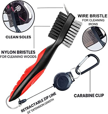 Golf Towel Pack - 3 Microfiber Waffle Pattern Golf Towels Including Golf Club Brush and Groove Cleaner Divot Repair Tool - color: Red
