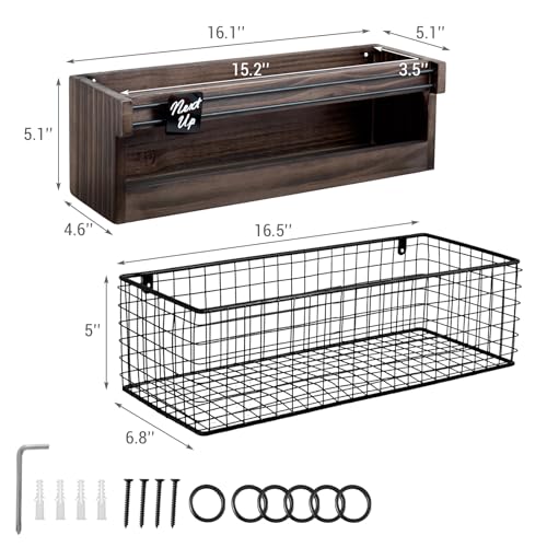 MyGift Solid Dark Brown Wood Pickleball Paddle Holder Rack with Black Metal Ball Storage Basket and Next Up Sliding Marker, Wall Mounted or Fence Hanging Paddle Organizer for Indoor/Outdoor Courts