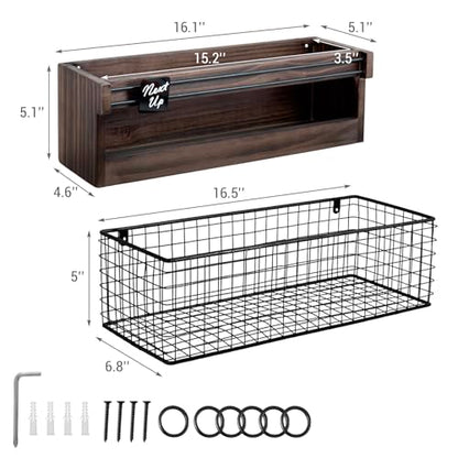 MyGift Solid Dark Brown Wood Pickleball Paddle Holder Rack with Black Metal Ball Storage Basket and Next Up Sliding Marker, Wall Mounted or Fence Hanging Paddle Organizer for Indoor/Outdoor Courts