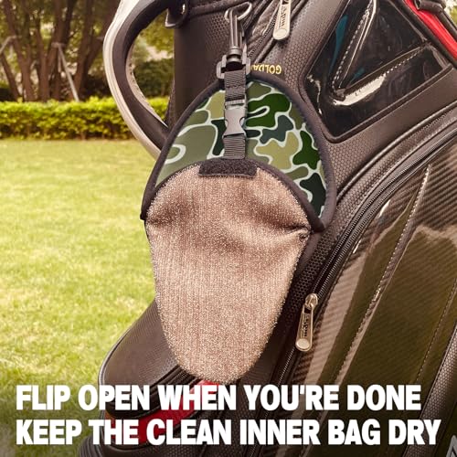 Golf Club Cleaner & Ball Cleaning Bag,Original Three-Layer Fabric Waterproof Technology,Golfer's Ultimate Green Clean Scrub Equipment Accessories,Removable Clips to Support Machine Washing - color: Camo Green