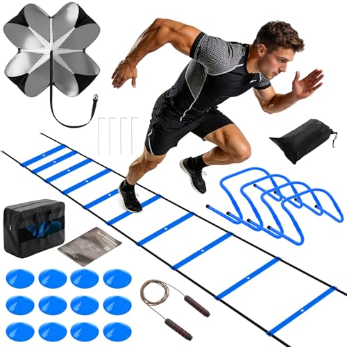 Agility Ladder Speed Training Equipment Set-20ft Ladder,12 Cones, 4 Adjustable Hurdles, Jump Rope, Resistance Parachute| Soccer,Basketball, Football Practice Equipment for Youth, Adults - color: Blue, size: 17.17"*5.71"*13.31"