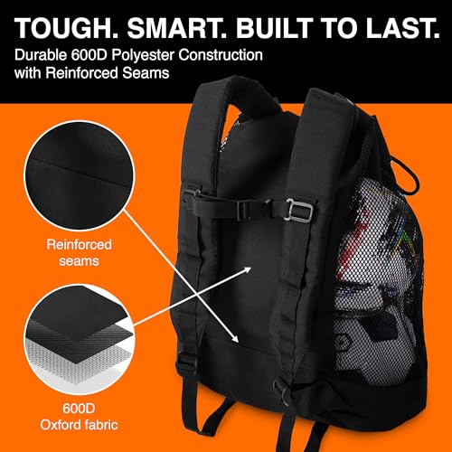 Fitdom Heavy Duty Small Mesh Equipment Ball Bag w/Adjustable Backpack Shoulder Strap Design for Coach. 3 Different Size Compartments. Perfect for Soccer Football Volleyball Basketball & Water Sports