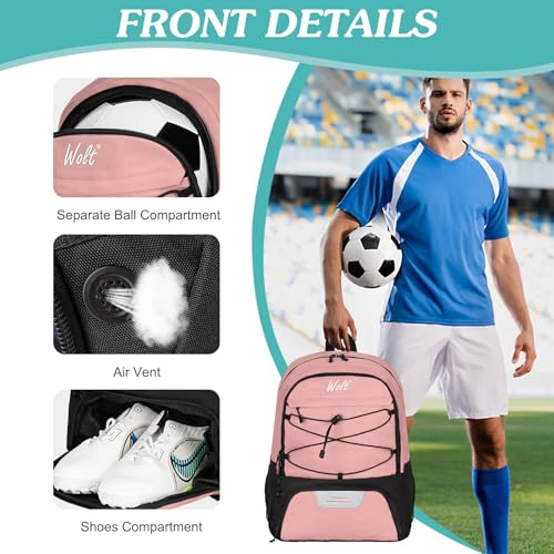 WOLT Soccer Backpack Soccer Bag with Ball Holder & Shoes Compartment, Sport Equipment Bags For Football, Basketball, Volleyball, Gym - color: LightPink