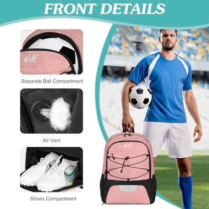 WOLT Soccer Backpack Soccer Bag with Ball Holder & Shoes Compartment, Sport Equipment Bags For Football, Basketball, Volleyball, Gym - color: LightPink