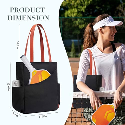 Pickleball Bag for Women Stylish Nylon Tote Fits 2 Paddle, Ball, Gear, Utility Shoulder Handbag for Sports - color: Black