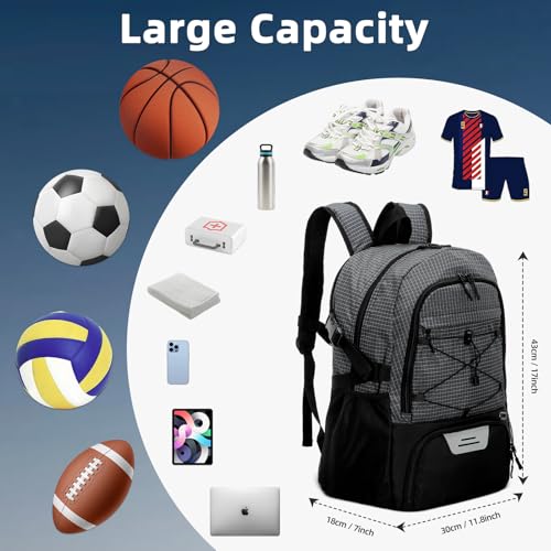 HUA ANGEL Basketball Backpack, Large Sports Bag with Separate Ball Holder & Shoe Compartment, Men/Women Gym Backpack for Basketball Soccer Volleyball - color: Gray