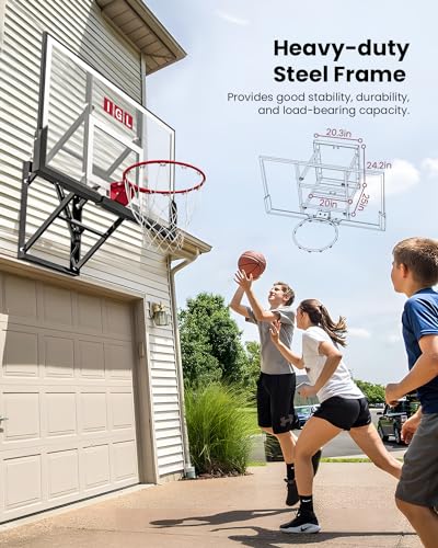 IGL Wall Mount Basketball Hoop, 54in Basketball Hoop Outdoor with Shatterproof Backboard, 7.5ft-10FT Height Adjustable,Heavy Duty Breakaway Rim Combo Fit Most Slanting Roofs