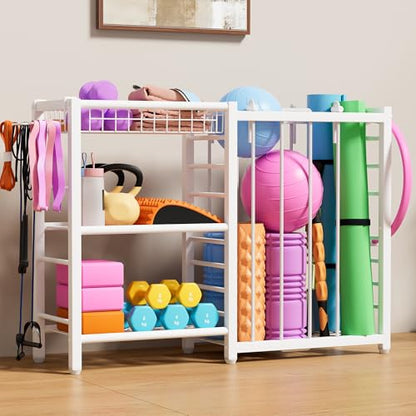 FAMIDGE Sports Equipment Organizer, Ball Storage Rack with Elastic Straps, Garage Sports Organizer Storage Cart with Hooks, Basketball Rack for for golf, Football, Soccer Ball, Bat, White